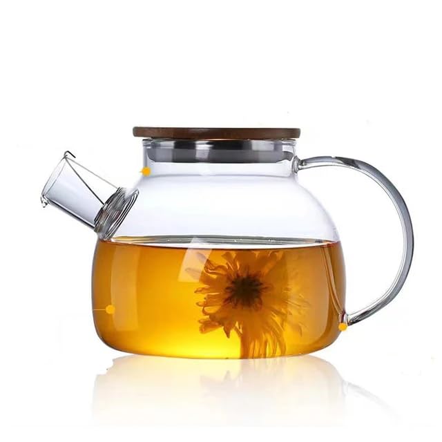 bamboo Glass Teapot Stoveto Borosilicate Clear Tea Kettle with Bamboo Lid, Glass Tea pot with Removable Filter Spout, Teapot Blooming and Loose Leaf Tea Maker Tea Brewer for Camping 1L