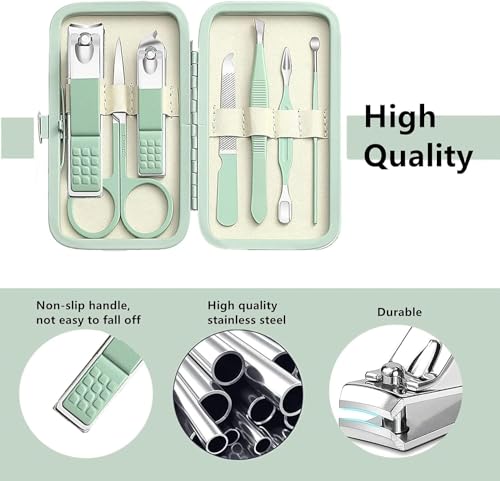 Manicure Set 7 Pieces Stainless Steel Nail Care Set Nail Clippers Pedicure Kit Toenail Clipper Grooming Tool-Pedicure Kit & Toe Nail Cutter-Thick Nail Scissors Toiletries with Cuticle Trimmer (Green)