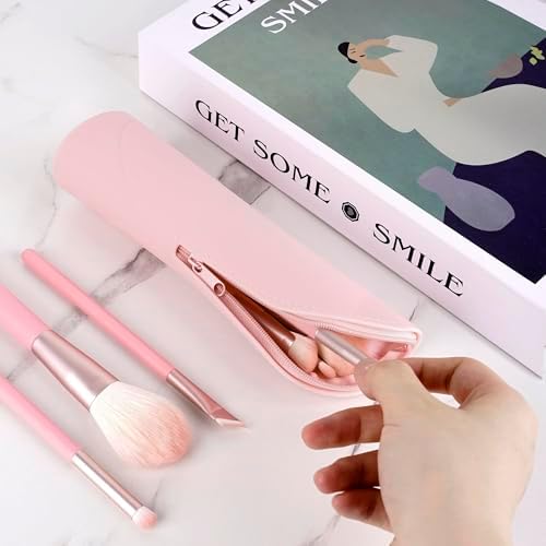 BIGTHREE Makeup Brush Bags, Silicone Small Makeup Brush Case, Travel Cosmetic Bag, Soft Waterproof Brushes Organiser with Zipper, Small Cosmetic Pouch for Women, Lightweight, Large Capacity(Pink)
