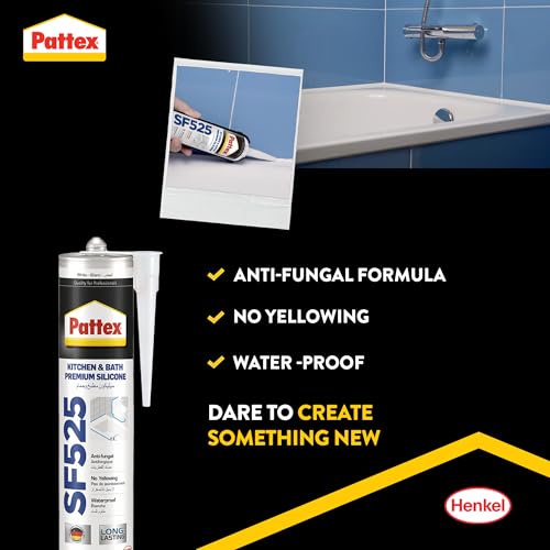 Pattex Sf525 Kitchen And Bath Premium Silicone Sealant, Mould Resistant, Ideal For Showers, Toilets Tiles, Easy Bathroom Sealant 1X280ML Cartridge