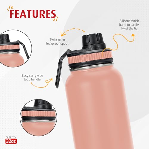 ZeroSpace Stainless Steel Water Bottle 1L, 32oz Double Wall Vacuum Insulated Water Bottle, Hot & Cold Thermos Flask with Spout Lid, BPA-Free Water Bottles for Gym, Travel, Office and Kids (Pink)