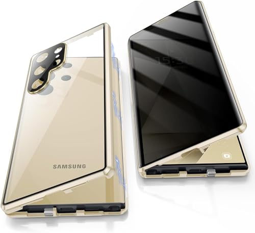 Xihemyfa Anti Peeping Cover for Samsung Galaxy S24 Ultra, Metal Frame Case Magnetic Adsorption Shockproof and Anti-Scratch 360?, Anti-Peeping Tempered Glass Privacy Protective Case, Gold