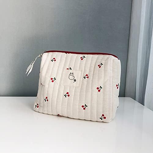 Juoxeepy Cotton Makeup Bag Large Travel Cosmetic Bag Quilted Cosmetic Pouch Coquette Aesthetic Floral Toiletry Bag, A-White, 10x5.9x5.3in