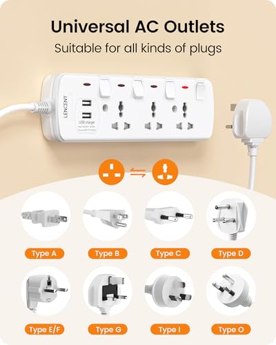 LENCENT Extension Lead with USB Slots, 3 Way Sockets Outlet Power Strips with 2 USB Ports, Universal Plug Adapter with 2M Extension Cord, Charging Station for Home, Office, Individually Switched