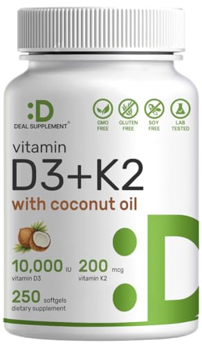 DEAL SUPPLEMENT Vitamin D3 10,000 IU + K2 MK7 200 mcg, Infused with Virgin Coconut Oil, 250 Softgels, Double Strength Vitamin D & K, Promotes Heart, Bone & Teeth Health - Very Easy to Swallow
