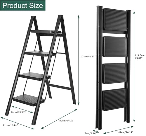 MOMENT 4 Step Ladder Folding, Sturdy 150kg Small Step Stool for Adults, Safer Full Steel Multi-use Kitchen Ladder for Home, Closet Step Stool Ladder with Anti-Slip Wide Pedals, Black