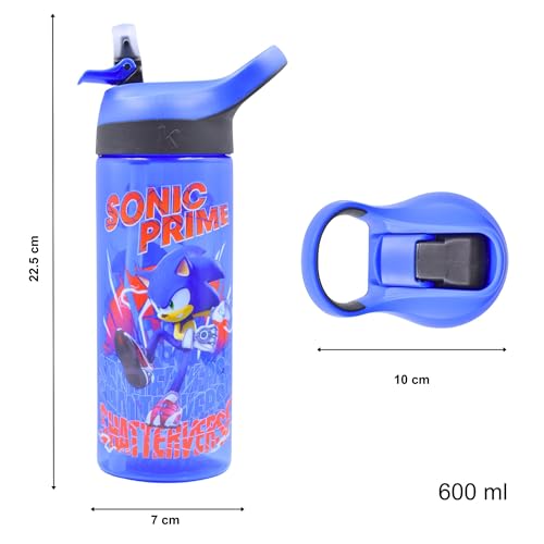 HOX SONIC PRIME Reusable BPA free Kids Atlantic Water Hydration Bottle with built in Carry Loop, Flip Up Spout and removeable straw - 600ml, Blue