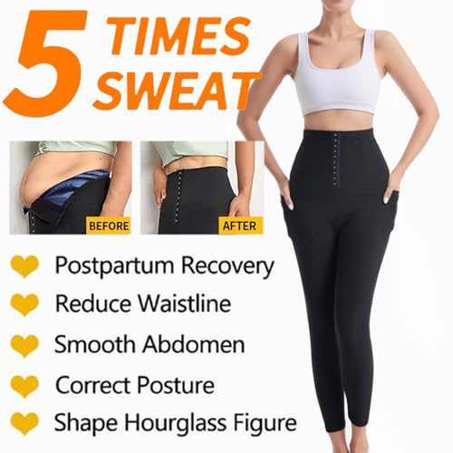 Women's High Waist Sauna Leggings, Tummy Control Compression Pants with Pockets,Blue,X-Large