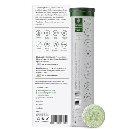 Wellbeing Nutrition Daily Greens, Wholefood Multivitamin with Vitamin C, Zinc, B6, B12, Iron for Immunity and Detox with 39+ Organic Certified Plant Superfoods & Antioxidants(15 Effervescent Tablets)