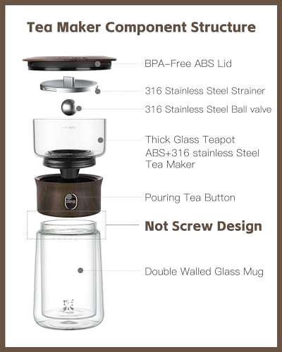 ZENS Smart One Touch Tea Maker - Glass Teapot with Insulated Cup for Gongfu Tea, Gifts