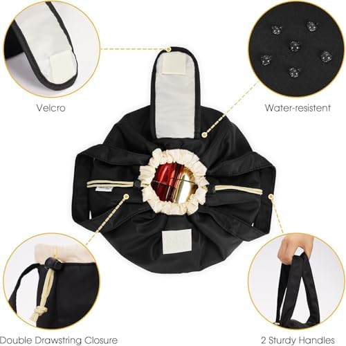 Azonee Large Barrel Drawstring Makeup Bag – Portable Travel Cosmetic Organizer for Women, Spacious Toiletry Bag with Brush Holder & Pouch for Skincare, Beauty Essentials & Accessories (Black)