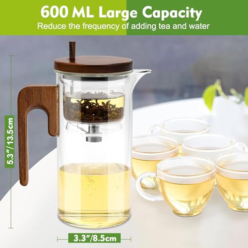 Enchanti Tea Pot, Glass Teapot with Infuser Strainer, Intelligent Water Glass Teapot with Dual Infusers Water Separation Technology,Magical Push Control Glasses Teapot for Loose Leaf&Herbal Teas-600ML