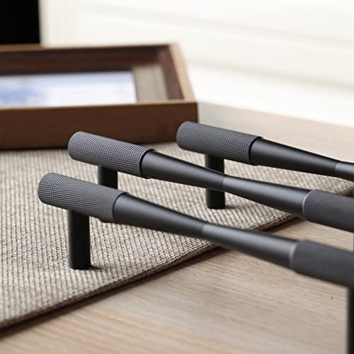 CILEYTION 10 Pack Flat Black Drawer Pulls , 5 Inch Hole Centers Black Knurled Cabinet Handles, Solid T Bar Black Handles for Cabinets and Drawers