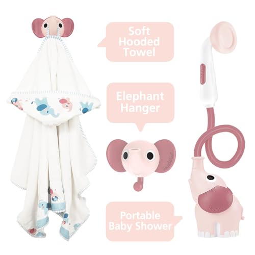 Yookidoo Baby Bath Shower Head - Elephant Water Pump with Trunk Spout Rinser - Control Water Flow from 2 Knobs for Maximum Fun in Tub or Sink for Newborn Babies (Blush Pink)