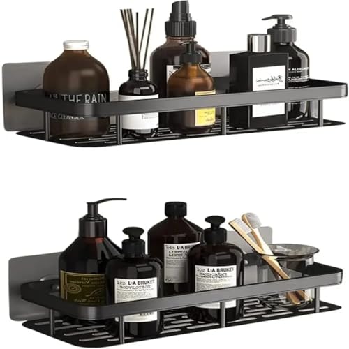 O-ONE LIVING Shower Caddy Shelf – Self Adhesive No Drilling- Bathroom Shower Rack- Wall Mounted -Organizer with Rustproof Basket-Toilet and Kitchen Durable & Modern 2pcs in 1Set BLACK