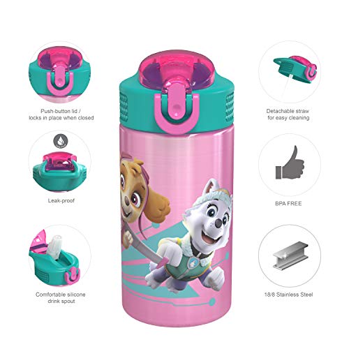 Zak Designs 18/8 Stainless Steel Kids Water Bottle with Flip-up Straw Locking Spout Cover, Durable Cup for Sports or Travel (15.5oz, Paw Patrol Skye),PWPT-S732