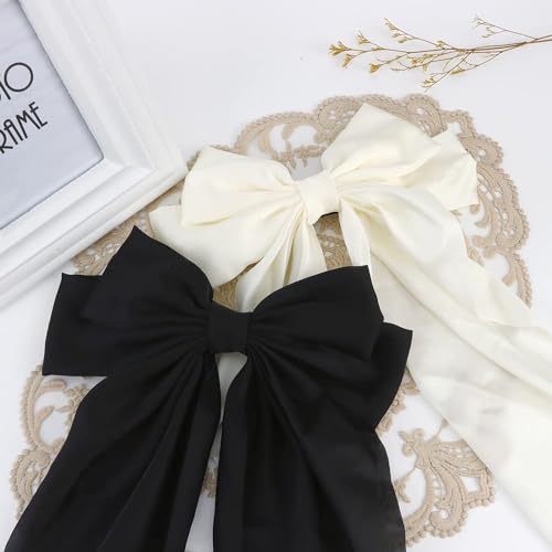 2 Pcs Silky Satin Hair Bows,Big Hair Bows for Women Hair Ribons Oversized Long Tail White Hair Bow Black Hair Bow Large Hair Barrettes for Women French Barrettes Metal Clips Hair Clip (White+Black)