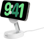 Belkin BoostCharge Pro 15W convertible magnetic wireless charging stand, MagSafe compatible fast Qi2 wireless charger, magnetic fast charger for Apple iPhone 16, 15, 14, 13, 12, AirPods Pro - White - Without Power Supply White