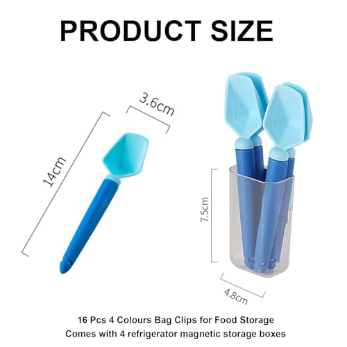Wasise Food Clips Bag Sealing Clip - 16 Pcs 4 Colours Bag Clips for Food Storage, Multi-function Magnetic Storage Box Refrigerator Magnet, Measuring Quantitative Spoon Snack Kitchen Sealing Clip