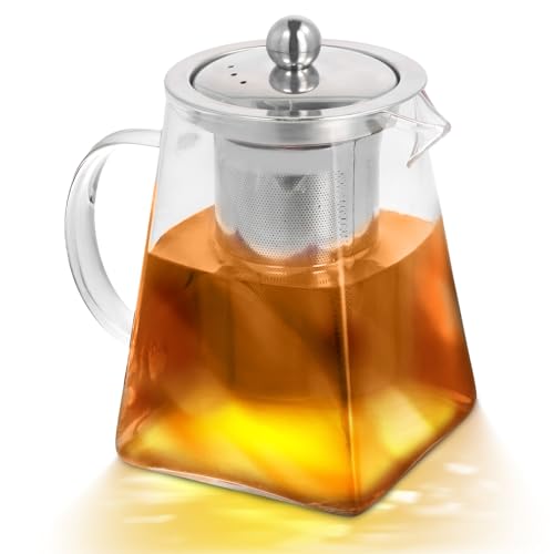 YILANJIN Glass Teapot, 750 ml Square Glass Teapot with Removable Infuser, Borosilicate Glass Teapot, Stovetop Safe Tea Maker, Perfect for Tea, Flowering Tea, Herbal Tea and Coffee
