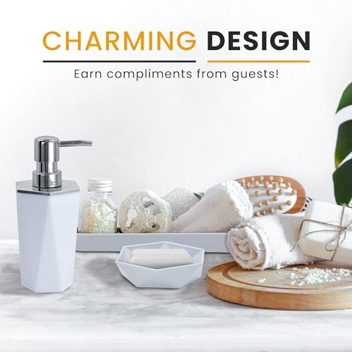 AC&L Bathroom Accessories Set, 5 Pcs Plastic Bathroom Counter Vanity Set, Liquid Soap Dispenser, Toothbrush Holder, Soap Dish, Q tips Tumbler, Vanity Tray, Modern Bathroom Decor Organizer (White)