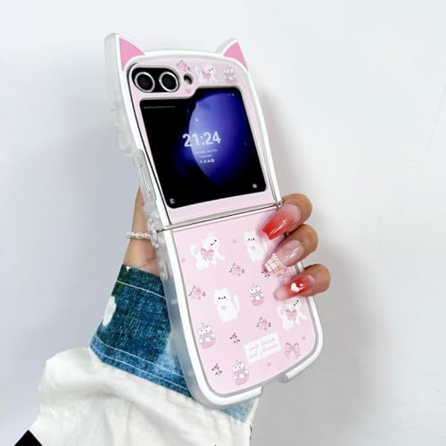 Cat Ears Case for Galaxy Z Flip 6, Azonee Kawaii Cute Cartoon TPU Cover, Soft & Creative Kitty Design, Pink Girly Fun Case for Girl