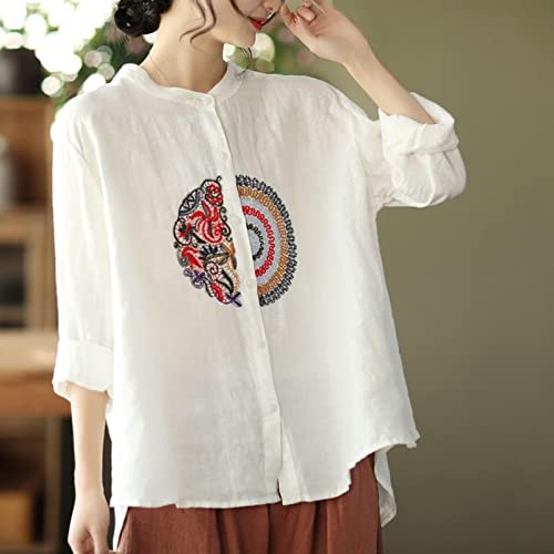 Women's Literary Retro Embroidery Linen Shirt Spring Summer Casual Loose Stand Collar Long Sleeve Shirts