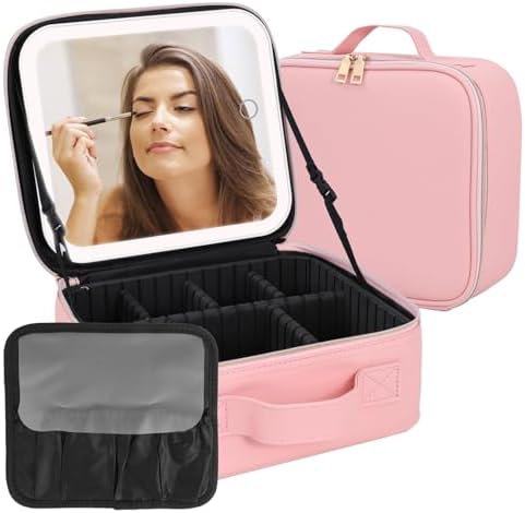 MOMENT Makeup bag with LED mirror, Travel Makeup Bag 3 Adjustable Brightness LED makeup bag with mirror and Dividers suitable for your Jewelry, Essential oil,Toiletries storage and makeup daily Pink