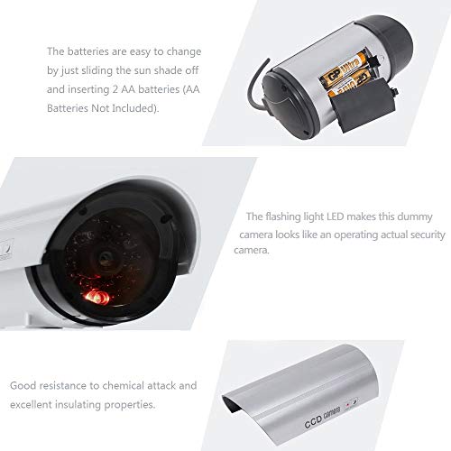 XBW Fake Security Silver Camera, Dummy CCTV Surveillance System with Realistic Red Flashing Lights and Warning Sticker 2 Pack