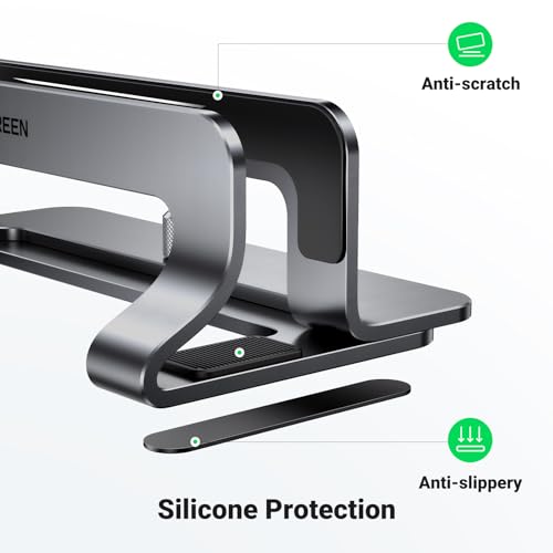 UGREEN Aluminum Vertical Laptop Stand, Double Desktop Stand Holder with Adjustable Dock Space-Saving Anti Slide Silicone Grips for All Tablet/iPad MacBook/Surface/Samsung/HP/Dell/Chrome Book Silver