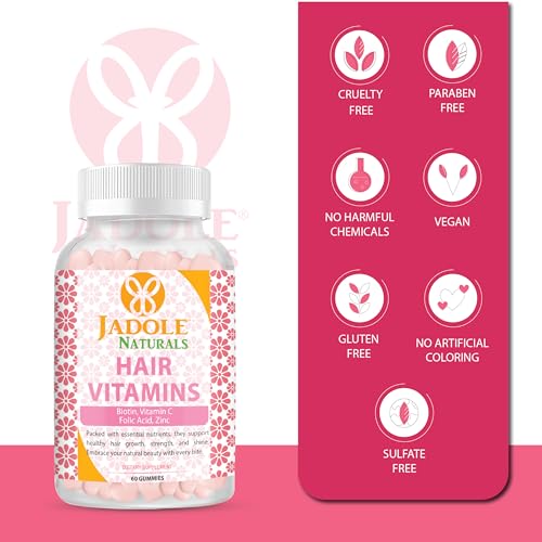 Jadole Naturals Hair Vitamins 60 Gummies with Biotin 5000 mcg, Vitamin C, Folic Acid & Zinc | Supports Hair Growth & Reduces Breakage, Healthy Skin & Nails, Multivitamins & Essential Nutrients, Vegan