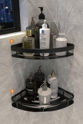 Streamflow Corner Shower Caddy Shelf, Adhesive Bath Corner Black Bathroom Shower Rack, No Drilling Wall Mounted Shower Organizer, Rustproof Bath Storage Basket for Bathroom, Toilet, Kitchen - 2 Pack