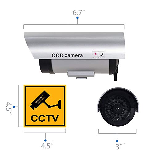 XBW Fake Security Silver Camera, Dummy CCTV Surveillance System with Realistic Red Flashing Lights and Warning Sticker 2 Pack