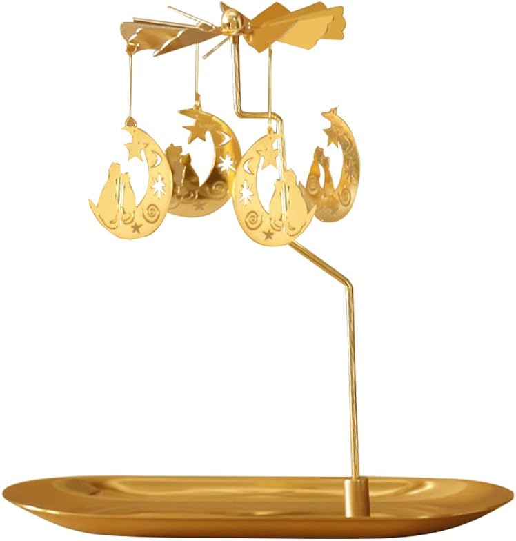 Creahaus Rotating Candle Holder with Tray, Gold Candle Spining Metal Holder for Christmas, Valentine's Day, Party Table Decor, Gift (Gold Carousel)