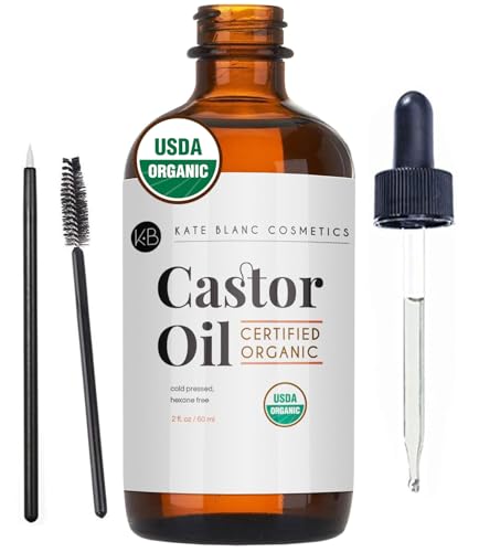Castor Oil (2oz) USDA Certified Organic, 100% Pure, Cold Pressed, Hexane Free by Kate Blanc. Stimulate Growth for Eyelashes, Eyebrows, Hair. Lash Growth Serum. Brow Treatment. FREE Mascara Starter Kit