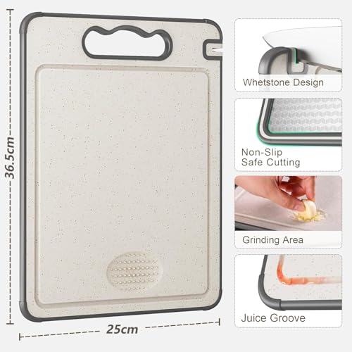 Angju Cutting Board Double Sided,Stainless Steel Cutting Board for Kitchen,Non-slip Scratch-resistant Mesh Design with Juice Groove and Knife sharpener,Food-Grade Wheat Straw PP Chopping Board