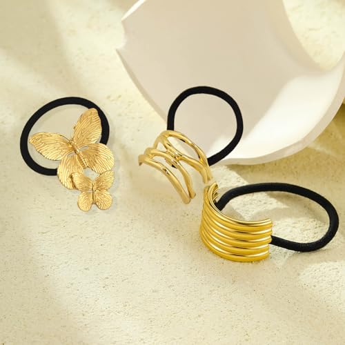 3PCS Metal Hair Ties, Ponytails Hair Cuffs Metal Geometric Elastic Hair Ties Women's Glossy Ponytail Hair Elegant Durable Design Tie Hair Accessories for Thick Hair Ponytails suitable (gold, 3pcs)