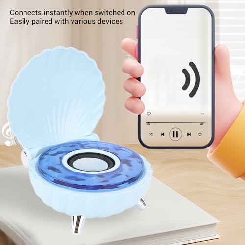 Bewinner Mini Bluetooth Speaker with Unique Seashell Shape Design, Cute Stereo Speaker with Ambient Night Light for Kids' Bedroom Table Decoration (Blue)