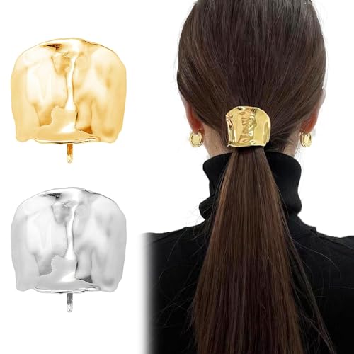 KASTWAEV 2 Pcs Ponytail Holder Hair Clips, French Metal Hair Cuffs, 1.96Inch Hair Accessories for Women, Elegant & Simple, Idea for Women & Girl (Gold, Silver)