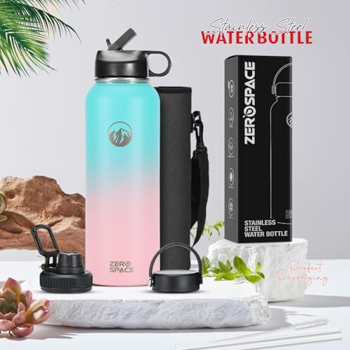 ZeroSpace Stainless Steel Water Bottle, 1200ml Insulated Water Bottle with Straw & Brush, BPA-Free Double Wall Vacuum Thermos Flask for Hot & Cold Drinks, Gym, Travel, Office & Kids (Green/Pink)