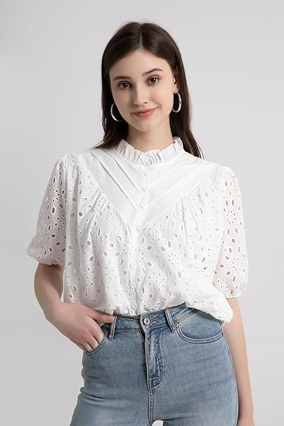 Women's Hollow Out Embroidered Tops Puff Sleeve Eyelet Tops Dressy Casual White Blouse V Neck Top Button Down Shirts