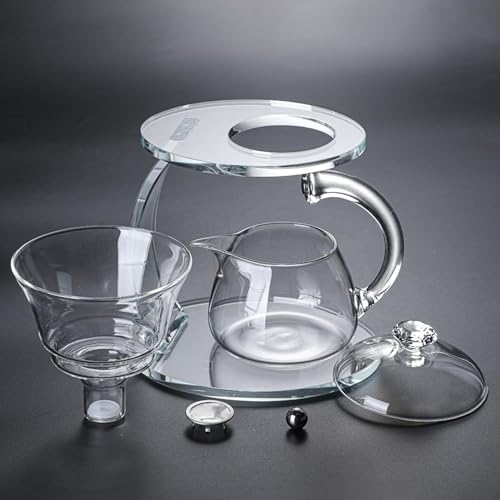 Unbreakable Glass Teapot Set, 340ml Semi-Automatic Rotating Kungfu Tea Pot with Infuser, Borosilicate Glass Drip Teapot for Home, Tea House, Restaurant, Chinese Tea Ceremony