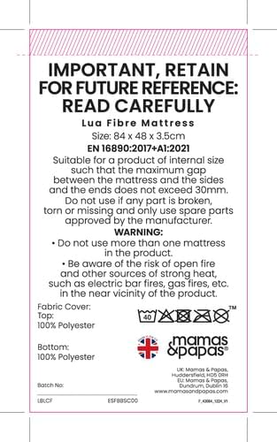 Mamas & Papas Replacement Fibre Mattress Lua Bedside Crib - 84x48x3.5cm