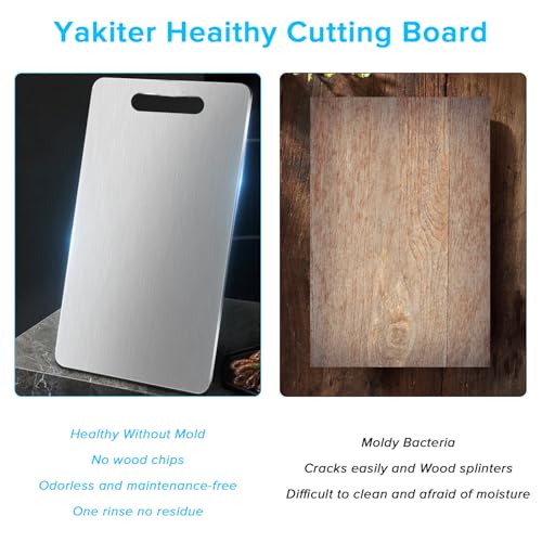 Yakiter 39 x 28cm Kitchen Cutting Board, 304 Stainless Steel Cutting Board for Kitchen & Meat Cheese Vegetable Fruit, Double-Side using, Easy-Grip Handle