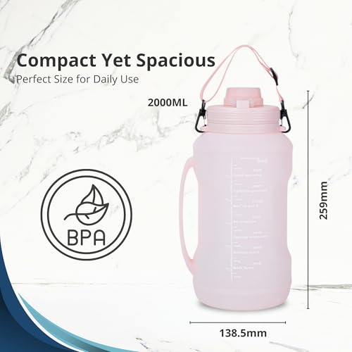 The ABM 2L Collapsible Water Bottle - Leakproof BPA-Free, Reusable, Lightweight Travel Essentials & Water Bottle for Kids - Foldable for Gym, Camping, Hiking, Sports, w/Time Marker (Pink)