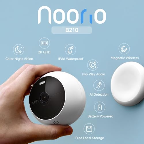 Noorio B210 Wireless Security Camera with 2K and 16GB Local Storage, Wireless Home Security Camera Battery Powered, Color Night Vision with Spotlight, Work with Alexa, Set up in Minutes