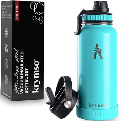 KRYMSO, 950ml Stainless Steel Water Bottle, Sports Bottle with Straw, Insulated Water Bottle, Thermos Flask, Hot Water Bottle for kids, Gym (Turquoise, 950ml / 32oz)