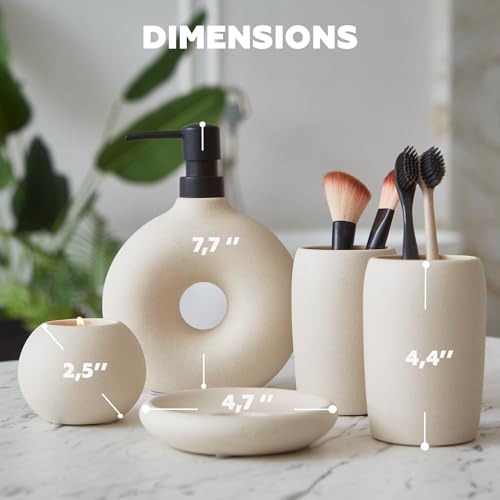 Terramoza Ceramic Bathroom Accessory Set, 5 Pcs - Includes Soap Dispenser, Toothbrush Cup, Toothbrush Holder, Soap Dish & Candle Holder - Beige, Matte Glaze - Aesthetic Bathroom Decor