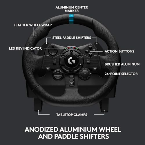 Logitech G923 Racing Wheel and Pedals, TRUEFORCE Feedback, Responsive Driving Design, Dual Clutch Launch Control, Genuine Leather Steering Wheel Cover, for PS5 Pro, PS5, PS4, PC - Black - UAE Version