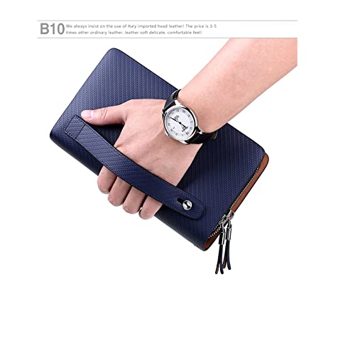 VANNANBA Men Clutch Wallet Large leather clutch bag Business Double Zip Handbag Blue Black